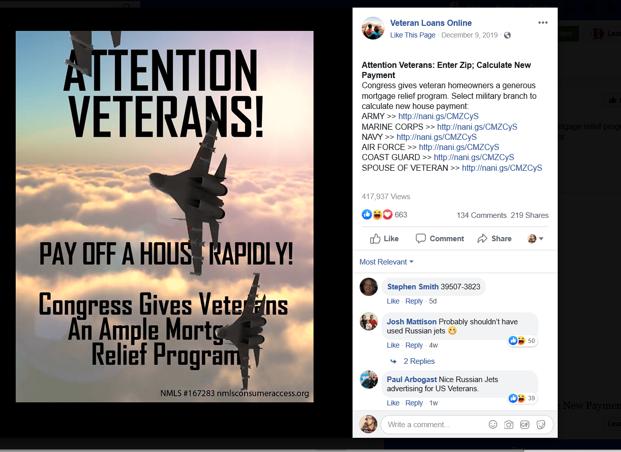 Fake Ad Congress Does NOT Give Veteran Homeowners A Generous Mortgage
